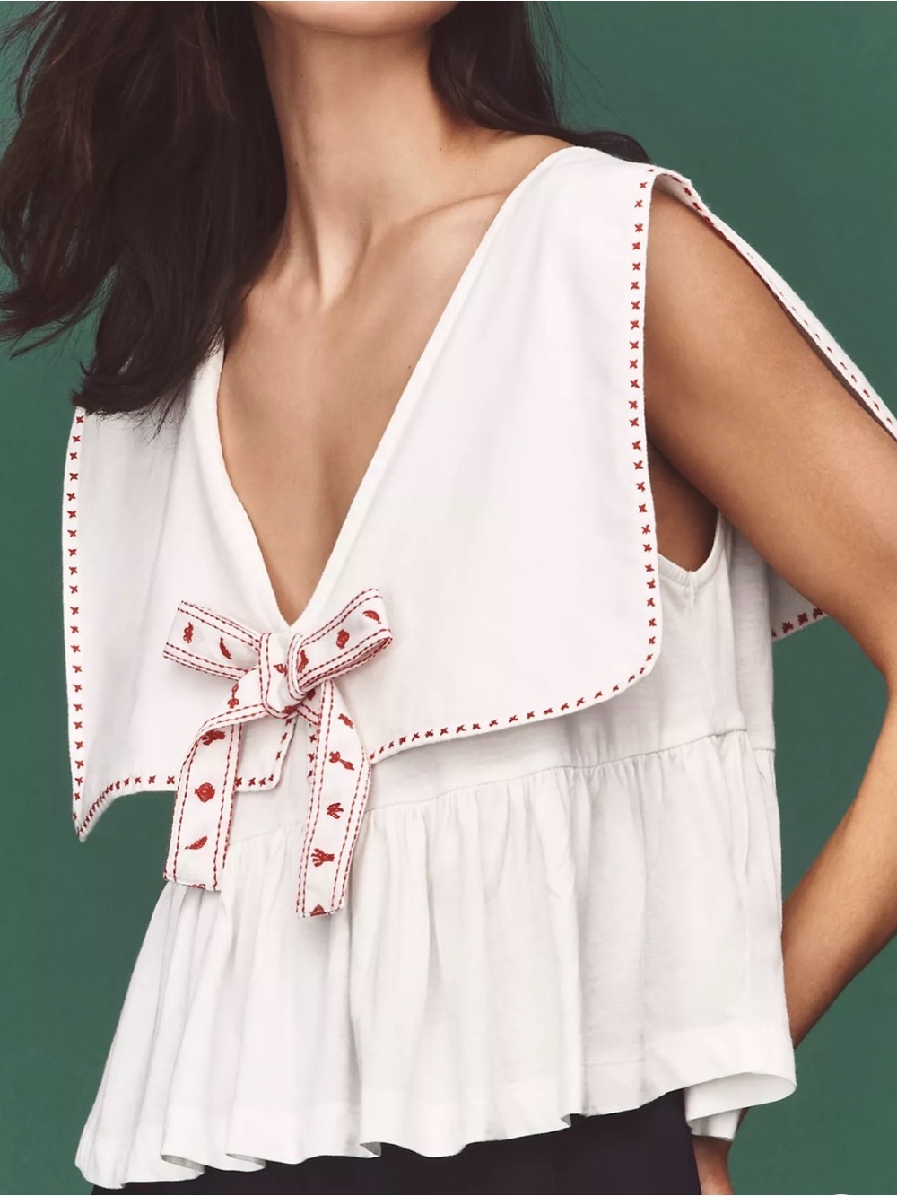 Anthropologie Maeve Tie Front Collared Top Bow Sailor Collar French Girl Summer